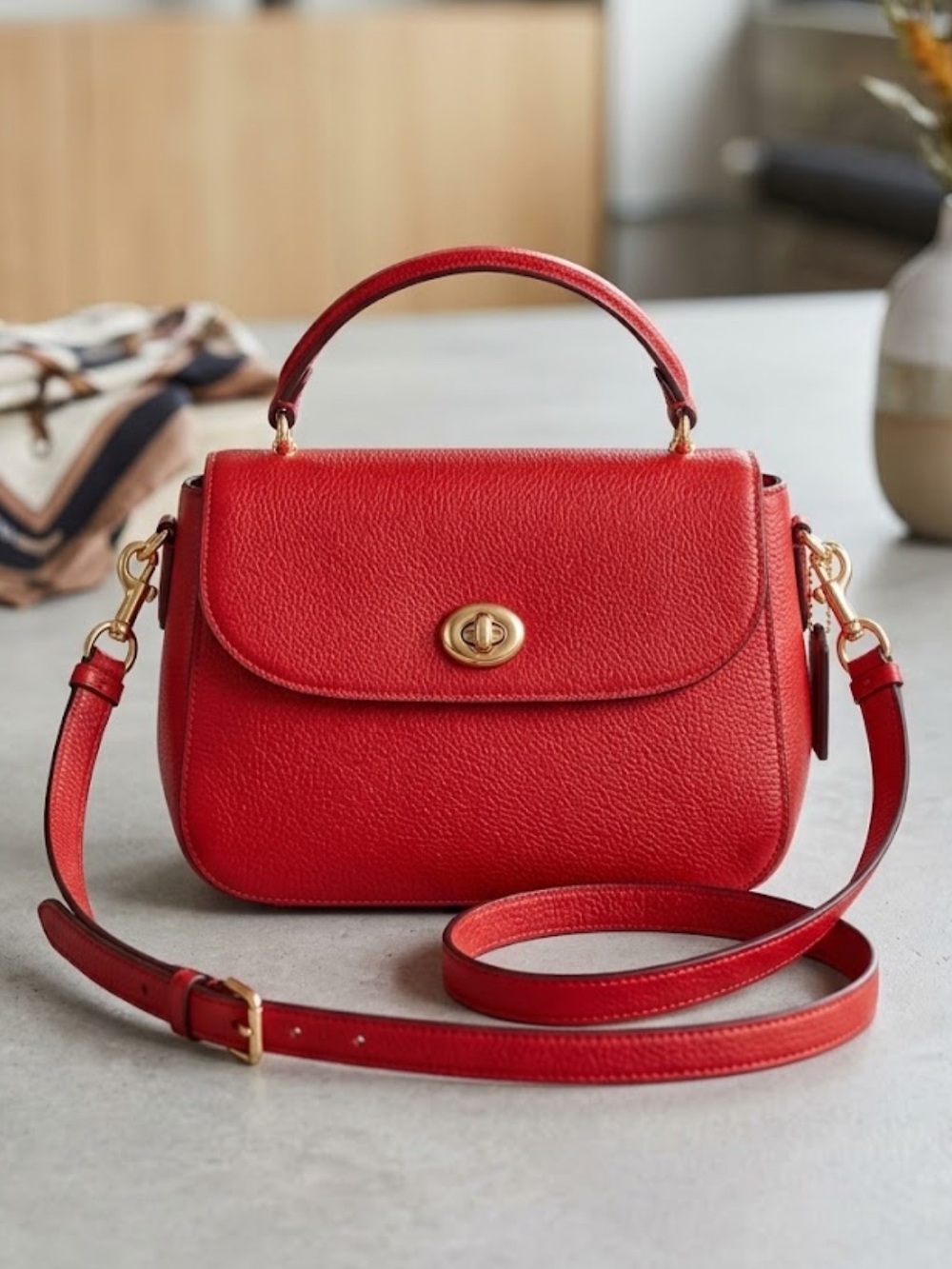Authentic Coach Marlie Top Handle Satchel in vibrant true red pebbled leather